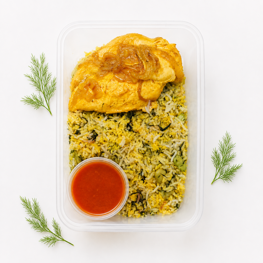 Baghali Polo ba Morgh-Sine(Dill and Broad Bean Rice with Chicken Breast)